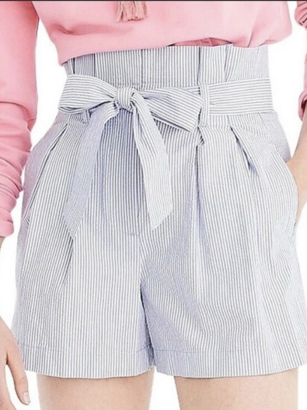 J.Crew High-Waist Tie-Waist Striped Shorts - White/Blue size 2
